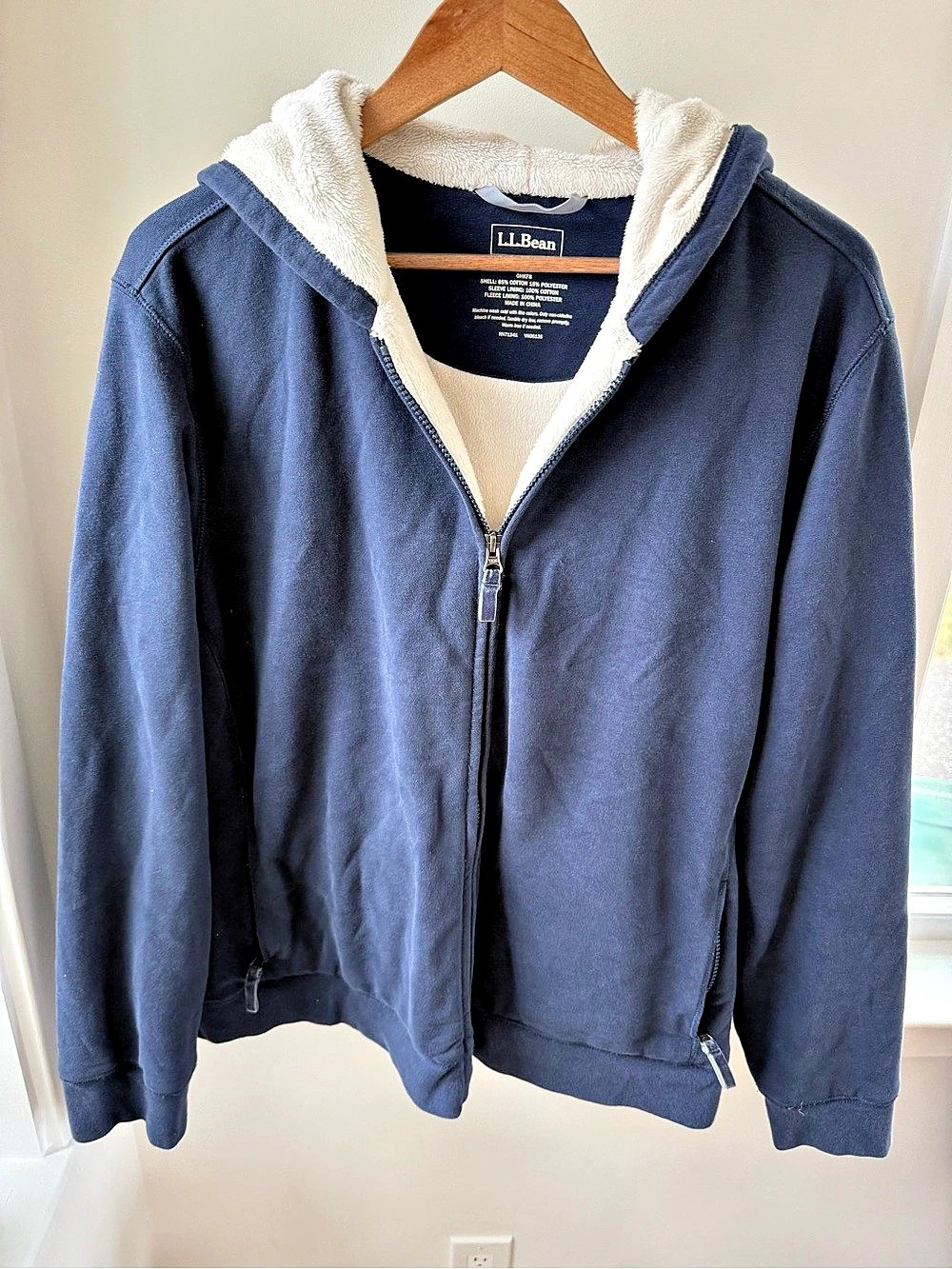Vintage L.L.Bean Sherpa Lined Hoodie Jacket Blue & Cream Large Men’s